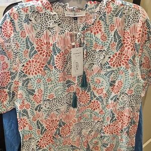 Michelle Mcdowell Ruffled Pink and Green Blouse with Mandarin Collar